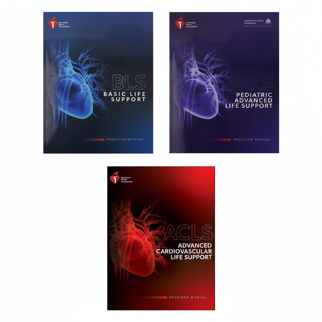 Three books on life support training with heart illustrations and text.